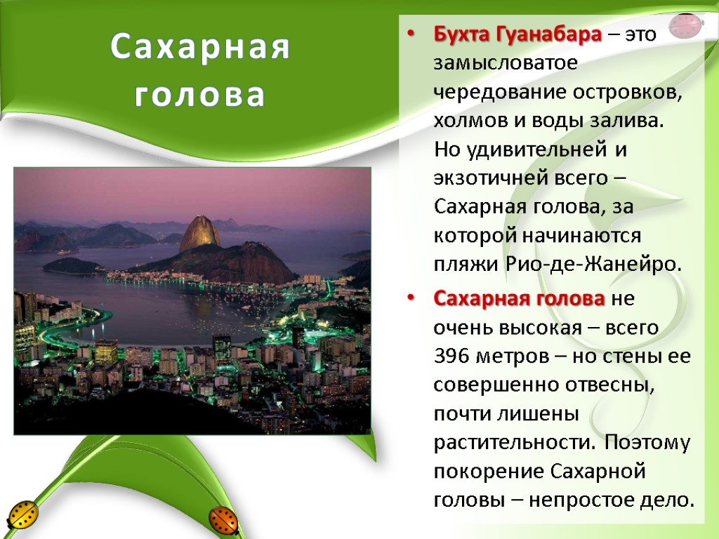 Сахарная голова Бухта Гуанабара – это замысловатое чередование островков, холмов и воды залива. Но